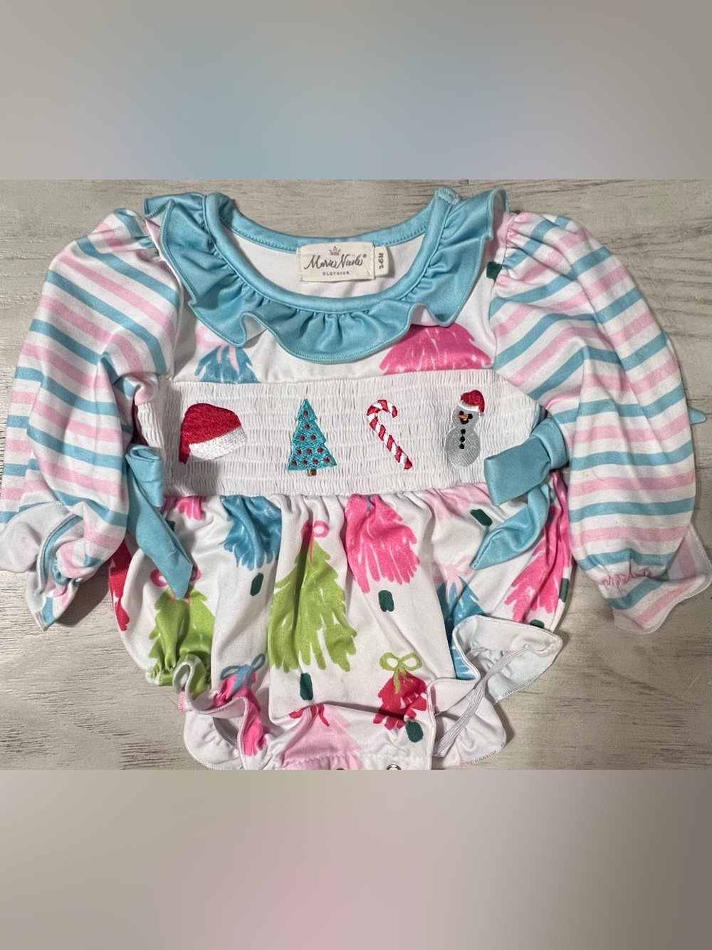 Marie Nicole Pastel Christmas Smocked Romper 3–6M
